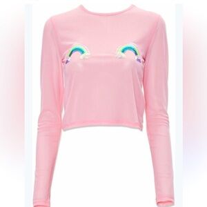 FOREVER 21 Pink Mesh Long Sleeve Rainbow Sequin Crop Top Rave Festivals EDC